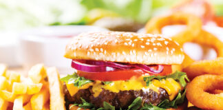 Hamburger With Fries And Onion Rings