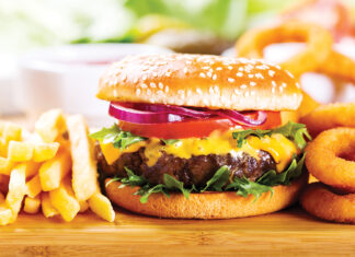 Hamburger With Fries And Onion Rings