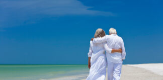 Rear View Of Senior Couple Walking On Beach