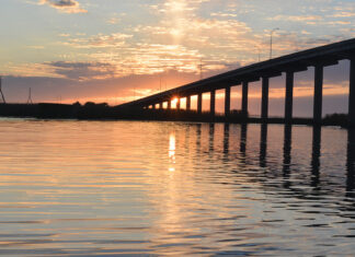 River Sunrise With Bridge And Clouds