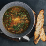 Onion Soup With Roasted Bread Top View