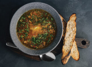 Onion Soup With Roasted Bread Top View