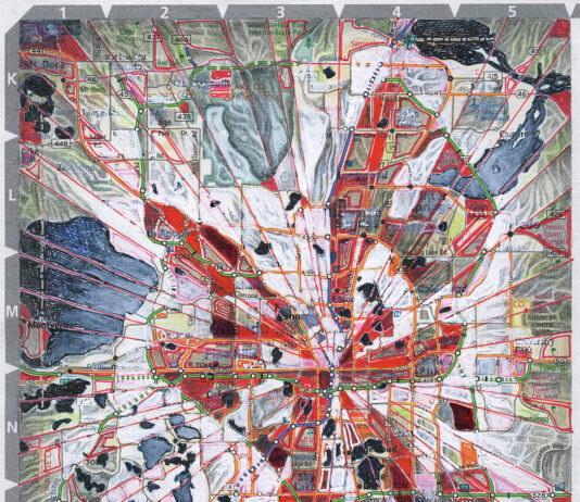 Escape To Create Fl.orl, 2024, Acrylic, Pencil & Pen On Printed Paper Map, 8.25 X 6.75