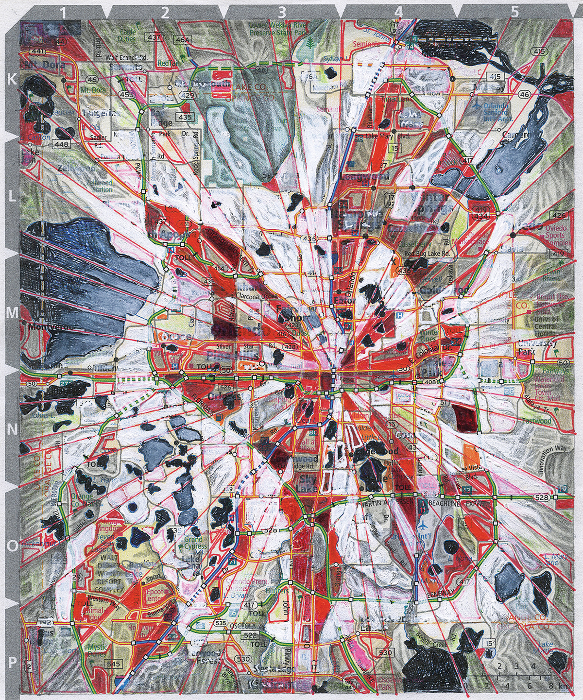 Escape To Create Fl.orl, 2024, Acrylic, Pencil & Pen On Printed Paper Map, 8.25 X 6.75