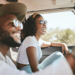 Travel, Road Trip And Black People Couple Driving By Countryside For Holiday, Journey And Freedom With Happiness. Trendy Sunglasses, Fashion And Gen Z Friends In A Car Drive For Vacation Lifestyle
