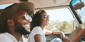 Travel, Road Trip And Black People Couple Driving By Countryside For Holiday, Journey And Freedom With Happiness. Trendy Sunglasses, Fashion And Gen Z Friends In A Car Drive For Vacation Lifestyle