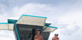 Lifeguards Jacob Fuqua And Carter Wascom Survey Swimmers At The Russell Fields City Pier.