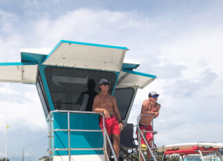 Lifeguards Jacob Fuqua And Carter Wascom Survey Swimmers At The Russell Fields City Pier.