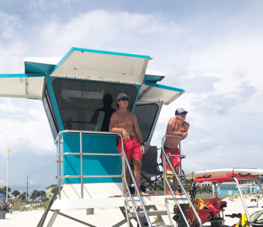 Lifeguards Jacob Fuqua And Carter Wascom Survey Swimmers At The Russell Fields City Pier.