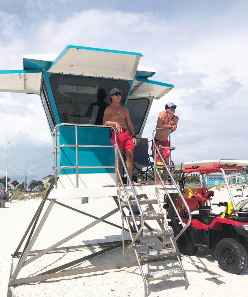 Lifeguards Jacob Fuqua And Carter Wascom Survey Swimmers At The Russell Fields City Pier.